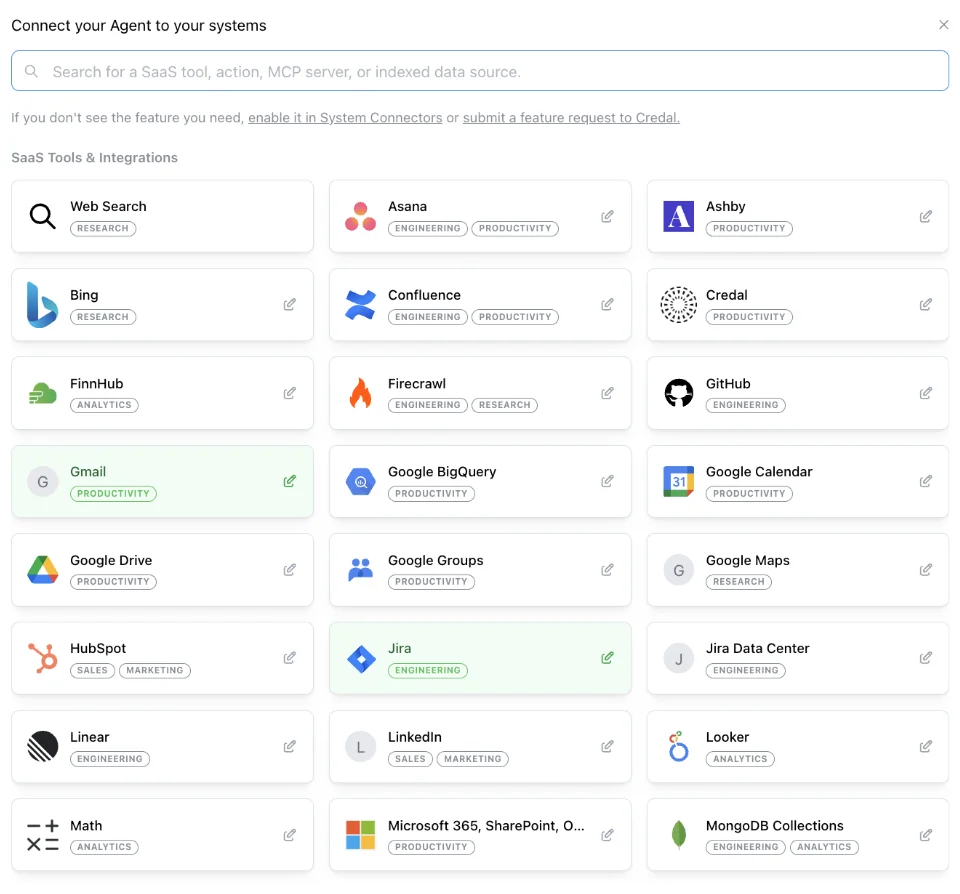 Credal agent connector panel showing SaaS tools including Asana, Confluence, GitHub, Google Drive, HubSpot, Jira, Salesforce, and more