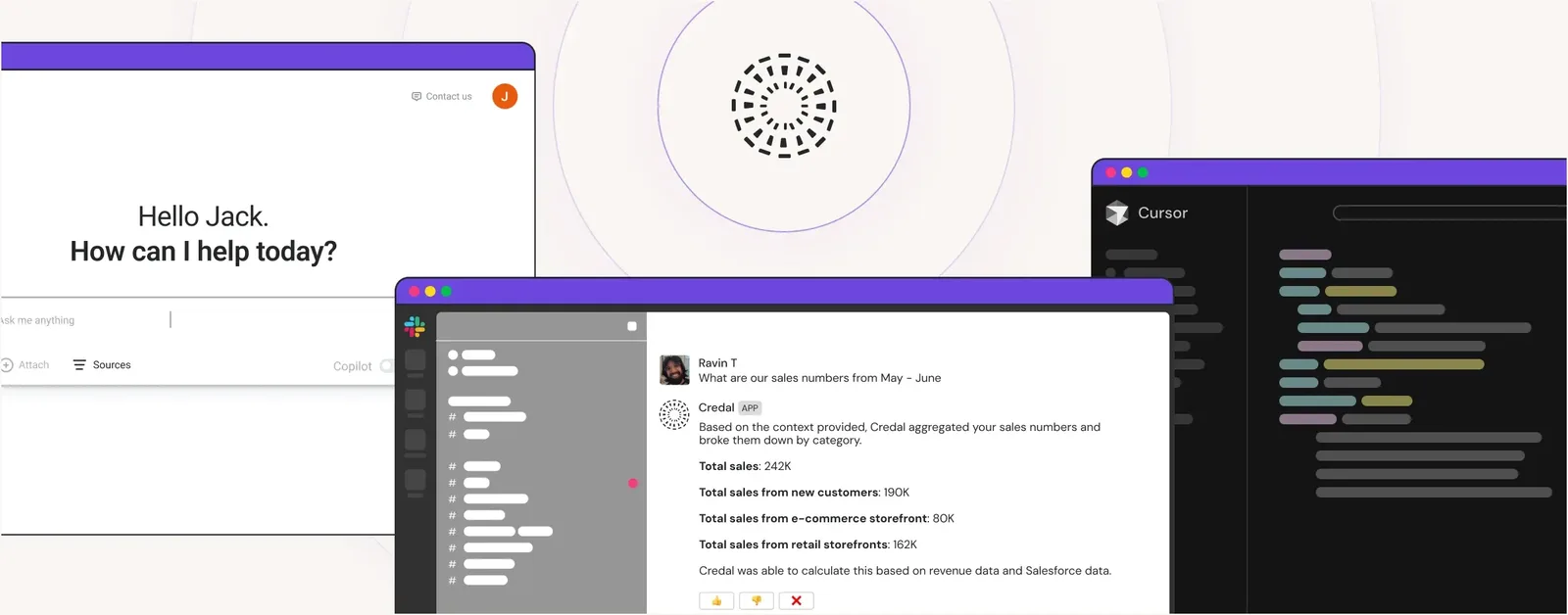 Credal Deploy Anywhere showing agents running across Slack, Cursor, ChatGPT, and the Credal web interface simultaneously